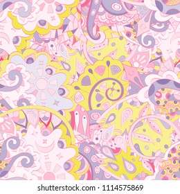 Tracery seamless pattern. Mehndi design. Ethnic colorful doodle texture. Curved doodling background. Vector