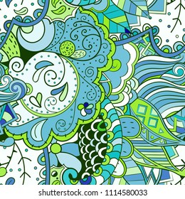 Tracery seamless pattern. Mehndi design. Ethnic colorful doodle texture. Curved doodling background. Vector