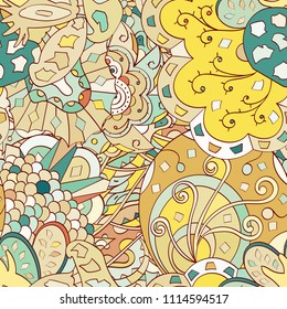 Tracery seamless pattern. Mehndi design. Ethnic colorful doodle texture. Curved doodling background. Vector