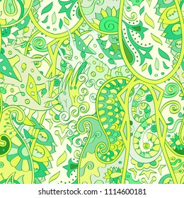 Tracery seamless pattern. Mehndi design. Ethnic colorful doodle texture. Curved doodling background. Vector