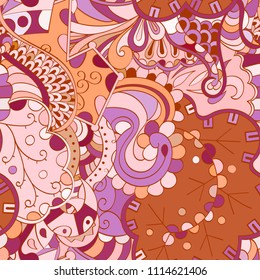 Tracery seamless pattern. Mehndi design. Ethnic colorful doodle texture. Curved doodling background. Vector