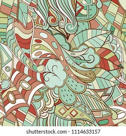 Tracery seamless pattern. Mehndi design. Ethnic colorful doodle texture. Curved doodling background. Vector