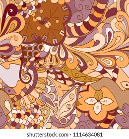 Tracery seamless pattern. Mehndi design. Ethnic colorful doodle texture. Curved doodling background. Vector