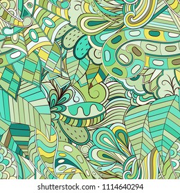 Tracery seamless pattern. Mehndi design. Ethnic colorful doodle texture. Curved doodling background. Vector