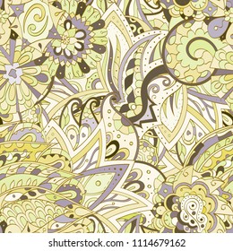 Tracery seamless pattern. Mehndi design. Ethnic colorful doodle texture. Curved doodling background. Vector