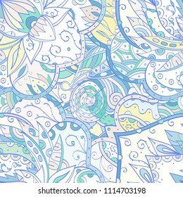 Tracery seamless pattern. Mehndi design. Ethnic colorful doodle texture. Curved doodling background. Vector