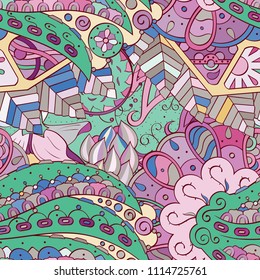 Tracery seamless pattern. Mehndi design. Ethnic colorful doodle texture. Curved doodling background. Vector