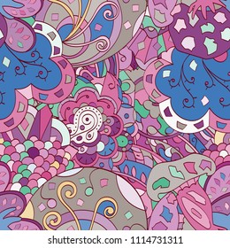Tracery seamless pattern. Mehndi design. Ethnic colorful doodle texture. Curved doodling background. Vector