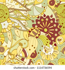 Tracery seamless pattern. Mehndi design. Ethnic colorful doodle texture. Curved doodling background. Vector