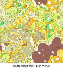 Tracery seamless pattern. Mehndi design. Ethnic colorful doodle texture. Curved doodling background. Vector