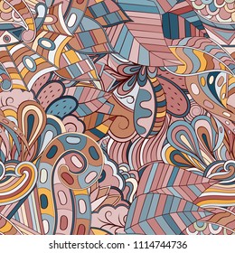 Tracery seamless pattern. Mehndi design. Ethnic colorful doodle texture. Curved doodling background. Vector