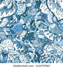Tracery seamless pattern. Mehndi design. Ethnic colorful doodle texture. Curved doodling background. Vector