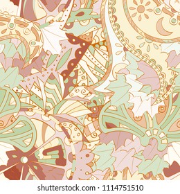 Tracery seamless pattern. Mehndi design. Ethnic colorful doodle texture. Curved doodling background. Vector