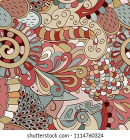 Tracery seamless pattern. Mehndi design. Ethnic colorful doodle texture. Curved doodling background. Vector