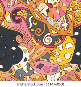 Tracery seamless pattern. Mehndi design. Ethnic colorful doodle texture. Curved doodling background. Vector