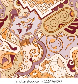 Tracery seamless pattern. Mehndi design. Ethnic colorful doodle texture. Curved doodling background. Vector