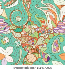 Tracery seamless pattern. Mehndi design. Ethnic colorful doodle texture. Curved doodling background. Vector