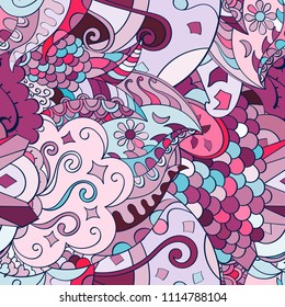 Tracery seamless pattern. Mehndi design. Ethnic colorful doodle texture. Curved doodling background. Vector