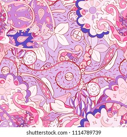Tracery seamless pattern. Mehndi design. Ethnic colorful doodle texture. Curved doodling background. Vector