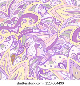 Tracery seamless pattern. Mehndi design. Ethnic colorful doodle texture. Curved doodling background. Vector
