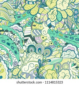 Tracery seamless pattern. Mehndi design. Ethnic colorful doodle texture. Curved doodling background. Vector