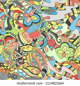 Tracery seamless pattern. Mehndi design. Ethnic colorful doodle texture. Curved doodling background. Vector