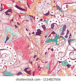 Tracery seamless pattern. Mehndi design. Ethnic colorful doodle texture. Curved doodling background. Vector