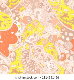 Tracery seamless pattern. Mehndi design. Ethnic colorful doodle texture. Curved doodling background. Vector