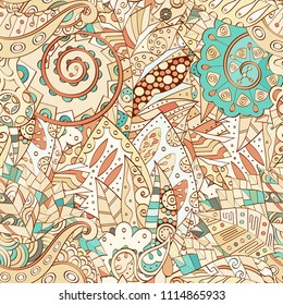 Tracery seamless pattern. Mehndi design. Ethnic colorful doodle texture. Curved doodling background. Vector