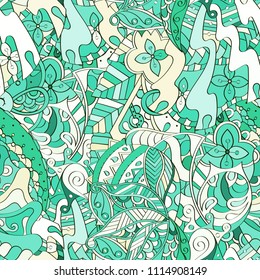 Tracery seamless pattern. Mehndi design. Ethnic colorful doodle texture. Curved doodling background. Vector