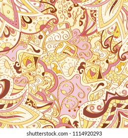 Tracery seamless pattern. Mehndi design. Ethnic colorful doodle texture. Curved doodling background. Vector