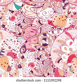 Tracery seamless pattern. Mehndi design. Ethnic colorful doodle texture. Curved doodling background. Vector