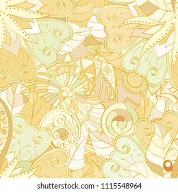 Tracery seamless pattern. Mehndi design. Ethnic colorful doodle texture. Curved doodling background. Vector