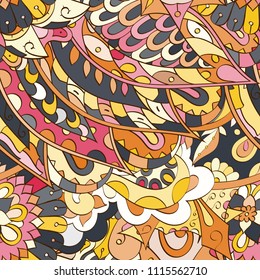 Tracery seamless pattern. Mehndi design. Ethnic colorful doodle texture. Curved doodling background. Vector