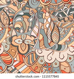Tracery seamless pattern. Mehndi design. Ethnic colorful doodle texture. Curved doodling background. Vector