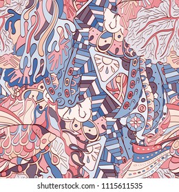 Tracery seamless pattern. Mehndi design. Ethnic colorful doodle texture. Curved doodling background. Vector