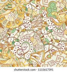 Tracery seamless pattern. Mehndi design. Ethnic colorful doodle texture. Curved doodling background. Vector