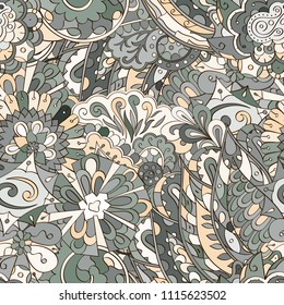 Tracery seamless pattern. Mehndi design. Ethnic colorful doodle texture. Curved doodling background. Vector