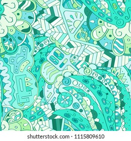 Tracery seamless pattern. Mehndi design. Ethnic colorful doodle texture. Curved doodling background. Vector