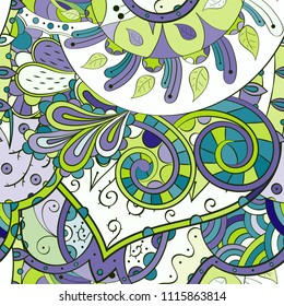 Tracery seamless pattern. Mehndi design. Ethnic colorful doodle texture. Curved doodling background. Vector