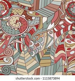 Tracery seamless pattern. Mehndi design. Ethnic colorful doodle texture. Curved doodling background. Vector