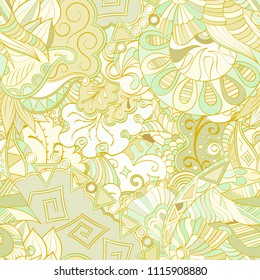 Tracery seamless pattern. Mehndi design. Ethnic colorful doodle texture. Curved doodling background. Vector