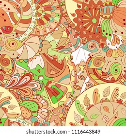 Tracery seamless pattern. Mehndi design. Ethnic colorful doodle texture. Curved doodling background. Vector