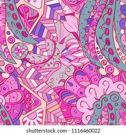 Tracery seamless pattern. Mehndi design. Ethnic colorful doodle texture. Curved doodling background. Vector
