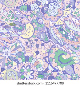 Tracery seamless pattern. Mehndi design. Ethnic colorful doodle texture. Curved doodling background. Vector