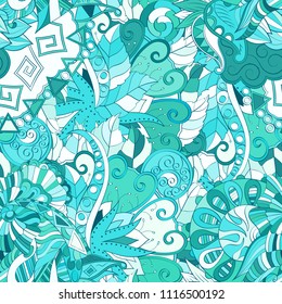 Tracery seamless pattern. Mehndi design. Ethnic colorful doodle texture. Curved doodling background. Vector