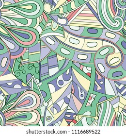 Tracery seamless pattern. Mehndi design. Ethnic colorful doodle texture. Curved doodling background. Vector