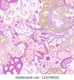 Tracery seamless pattern. Mehndi design. Ethnic colorful doodle texture. Curved doodling background. Vector