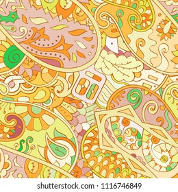 Tracery seamless pattern. Mehndi design. Ethnic colorful doodle texture. Curved doodling background. Vector