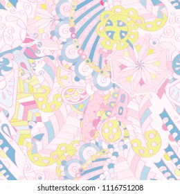 Tracery seamless pattern. Mehndi design. Ethnic colorful doodle texture. Curved doodling background. Vector